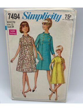 Simplicity Misses Maternity Dress Sewing Pattern Size 12 7494 1960s